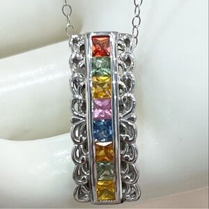 Multi Sapphire Sterling Silver Curved Bar 20” Necklace